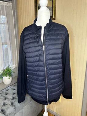 Tahari Quilted Jacket Mens Medium Navy Hybrid Bomber Zip Up Puffer Lightweight